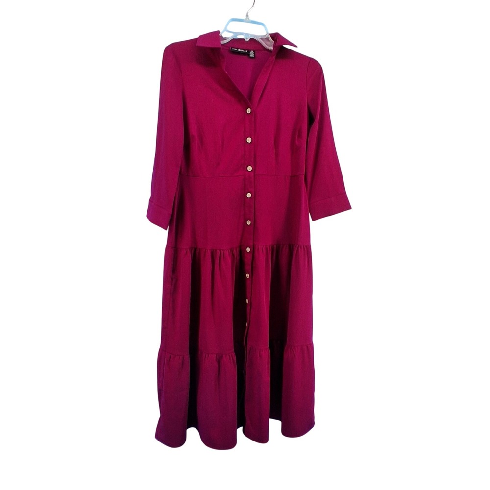 Nina Leonard Shirt Dress Women XS Magenta Tiered Midi Collared 3/4 Sleeve Button